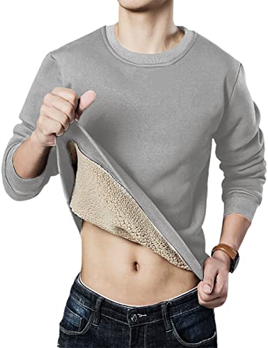 Yeokou Mens Fashion Warm Fleece Crewneck Sweatshirt Thick Sherpa Lined Pullover Tops(Lightgrey-L) #TOP30