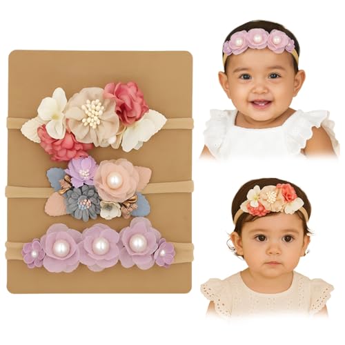 Image of SYGA 3 Pcs Baby Headband, Flower Stretchable, Nylon HairBand for Newborn Infant Toddlers Kids 0-3 Year-Design-1