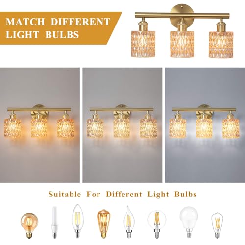 Image of Bathroom Vanity Light, Gold Wall Fixture Over Mirror, Amber Glass Shade Lighting with Bulbs Included for Bedroom & Living Room,3-Lights