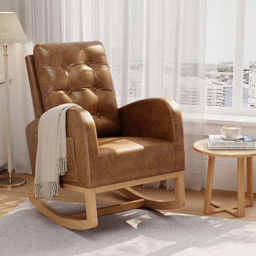 , Breathable Pu Leather Upholstery, Sturdy Wooden Legs & High Backrest, Comfortable Glider Rocking Chair For Living Room Or Bedroom, Orange