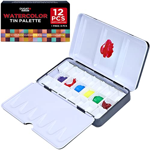 Empty Watercolor Palette with Lid, 12+8 Half Pans Fold-Out Palette by DUGATO, 4 Mixing Area, Metal Tin Box for Watercolor Acrylic Oil DIY Travel Art Supplies (Small)