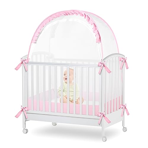 Image of YAVIL Baby Crib Tent Net - Toddler Safety Canopy Netting - Falls & Mosquito Protection - Breathable Mesh - Pack N Play Tent (Pink, Twin Size)
