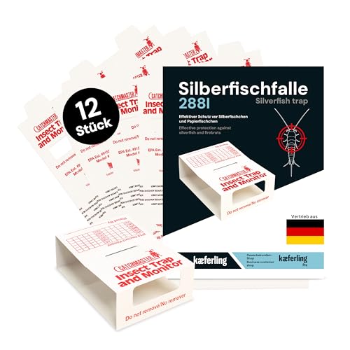 Catchmaster 288i 12x Monitoring-Klebefallen für Silberfische - 100% Giftfrei - Silberfischfalle mit Starkem Kleber - Für Haushalte mit Kindern & Haustieren zur Befallskontrolle - 4 Blätter à 3 Fallen