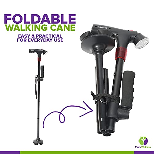Premium Travel Lightweight Folding Walking Cane With Led Flashlight - Sos Alarm - W/Non Slip Flexible Cane Tip & Extra Handle #TOP1
