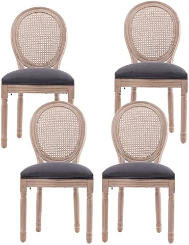 YWUFUART French Oval Country Wooden Dining Chairs with Rattan Back and Grey Flax Cushion for Living Room Kitchen Farmhouse Chairs (4 Set)
