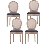 YWUFUART French Oval Country Wooden Dining Chairs with Rattan Back and Grey Flax Cushion for Living