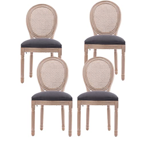 Ywufuart French Oval Country Wooden Dining Chairs With Rattan Back And Grey Flax Cushion For Living Room Kitchen Farmhouse Chairs (4 Set) #TOP1
