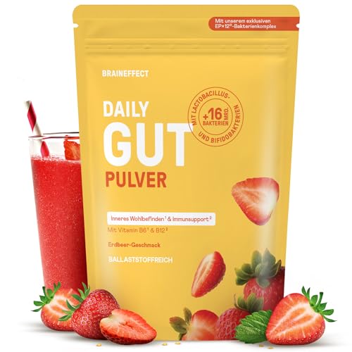 BRAINEFFECT DAILY GUT – Probiotisches Getränkepulver mit 16 Mrd. lebenden Bakterien & 7 g Ballaststoffen pro Portion, mit Vitamin B1, B2, B6 & B12, Erdbeergeschmack – 240 g