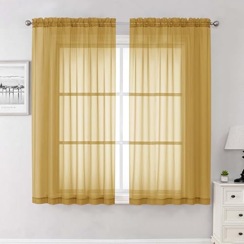 Lecloud Gold Sheer Curtains 63 Inch Length 2 Panels, Rod Pockets Window Treatments Light Filtering Bedroom Curtains for Living Room, Soft Home Drapes for Bathroom, Each Panel 59" W x 63" L