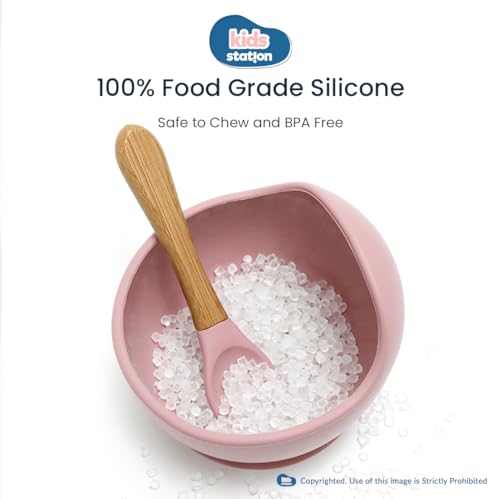 Image of Kids Station 2 Piece BPA-Free Silicone Baby Feeding Set - Bowl - Spoon - Happy Mealtime - Tableware Meal Utensils for Kids with Suction - Baby Feeding Product (Set of 3, Light Pink)