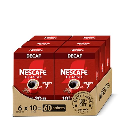 NESCAFÉ CLASSIC DESCAFEINADO todo aroma y sabor, café soluble descafeinado, Pack de 6 estuches con 10 sobres, TOTAL 60 sobres