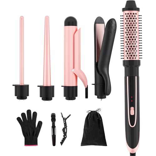 5 in 1 Curling Iron Instant Heat Up Hair Curling Wand Set with Curling Brush and 4 Interchangeable Ceramic Curling Wand, Dual Voltage Curling Iron with Glove & 2 Clips