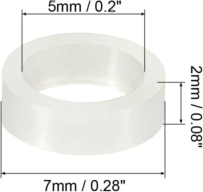 Round Spacer Washer, 100 Pack Nylon 5mm ID x 7mm OD x 2mm L for M5 Screws Block 3D Printer TV Wall Mounting Electrical Outlet, White