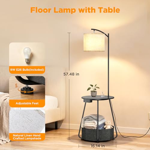 Image of LUTEC Floor Lamp with Table, End Table with Charging Station(USB & Type-C & AC Port), Round SideTable with Fabric Basket, 3 Color Temperatures 9W LED Bulb, Modern Nightstand for Bedroom, Living Room