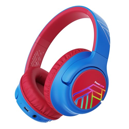 Image of PowerLocus Bobo Children's Over Ear Bluetooth Headphones, LED Lights, Foldable, Volume Limit 74 /85 /94 dB, Blue /Red