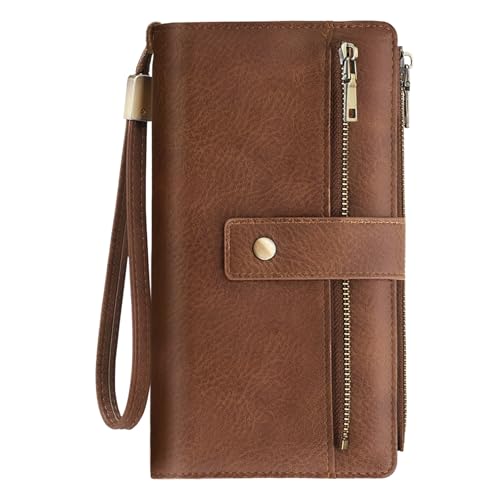 NEWIROVE Cartera Mujer Grande Monedero Piel PU Vintage Billetera con Cremallera Y Correa Extraíble RFID Carteras De Mujer con 24 Ranuras para Tarjetas Regalos para Mujer Señoras, Marrón