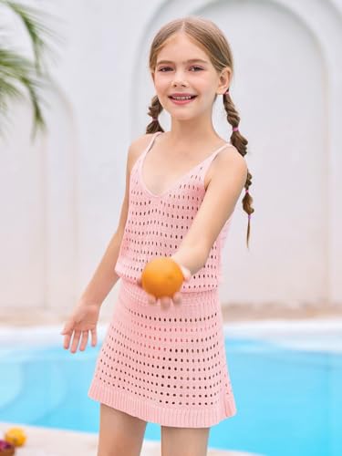 Image of Haloumoning Girls Sleeveless Crochet Swimsuit Cover Up Kids Summer Hollow Out Knitted Beach Dress 7-14 Years