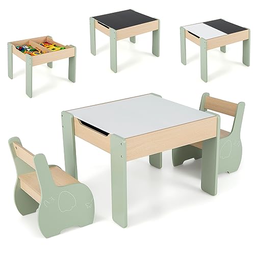 DREAMADE Kindertisch mit 2 Stühlen aus Holz, 3tlg. Kindersitzgruppe mit doppelseitige Tischplatte und Stauraum, Kinder Tisch Stuhl Set, Kindermöbel Set für Jungen und Mädchen (Grün)