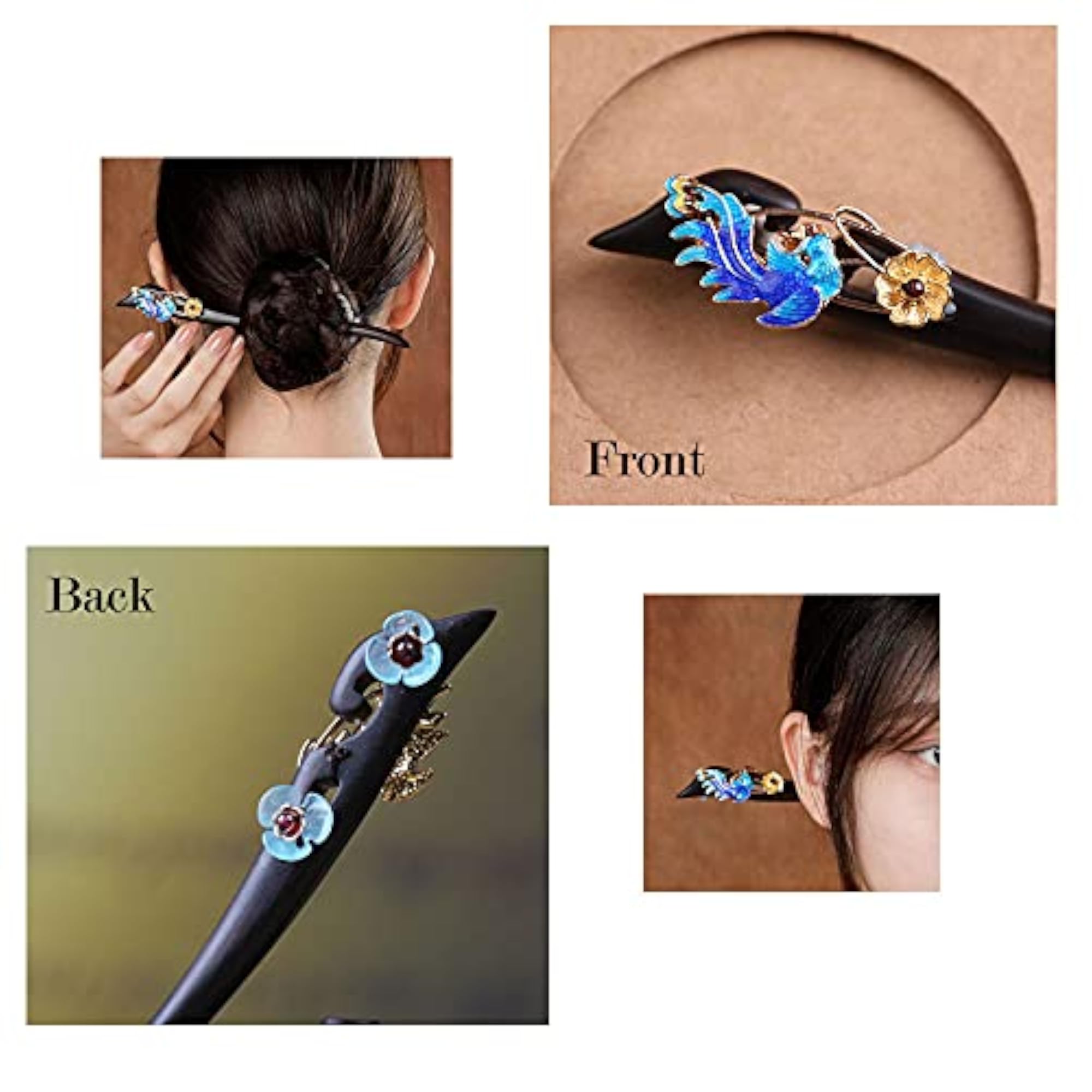 Chinese Cloisonne Wooden Hair Stick, Elegant Bun Maker