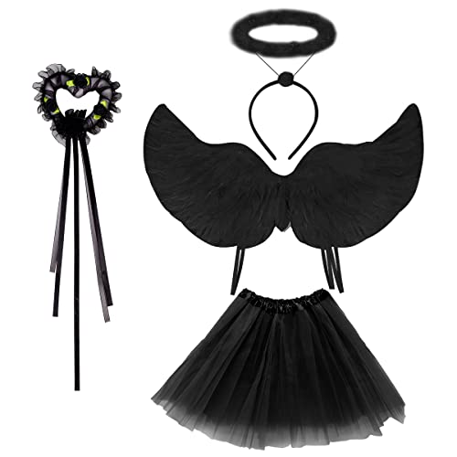 Déguisement d'Ange Noir avec Ailes d'Ange, Jupe TUTU, Baguette Magique, Bandeau Halom, Costume d'Ange Femme Aile Noir Plumes Lutin de Sainte, Halloween Costume Deko Carnaval Cosplay Fête Enfant Adulte Cover