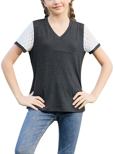 Image of GORLYA Girls Lace Sheer Sleeve Contrast T-Shirt Short Sleeve V Neck Casual Modest Tee Tops for 6-16Y