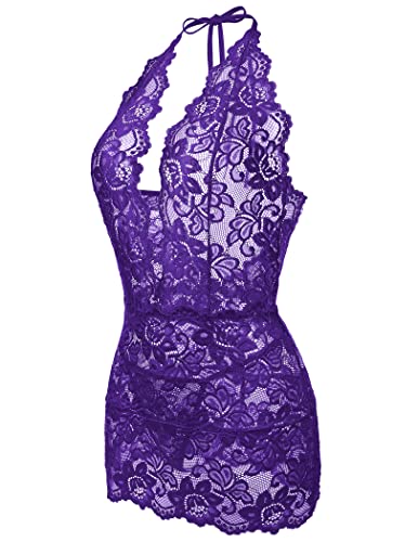 Gladiolus Women One Piece Lace Bodysuit Teddy Lingerie Purple M