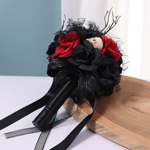 Bouquet da sposa gotico, bouquet da sposa nero e bordeaux, bouquet da sposa artificiale per Halloween, bouquet da sposa con rose nere (stile 3)