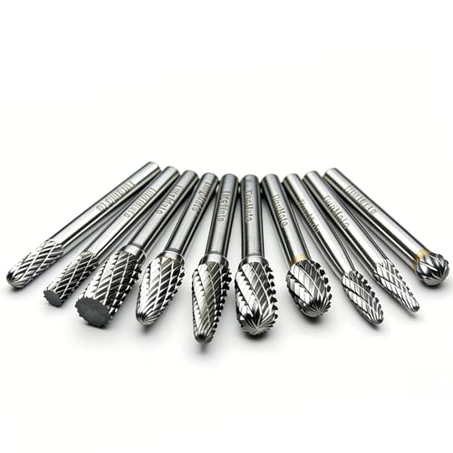 Tingmate Premium Tungsten Carbide Burr Set 10Pcs, 1/4 Inch Shank Double Cut Double Spiral Groove, High Hardness Rotary Die Grinder Bits for Industrial Mold, DIY Woodworking & Metal Stone Grinding