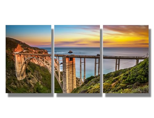 3 Pieces Bixby Bridge Canvas Wall Art California Landscape Posters Wall Art Rocky Creek Bridge Pacific Coast Highway Wall Painting Prints California USA Home Decor Framed Ready to Hang 12X16X3 INCH