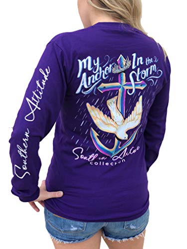 Southern Attitude My Anchor in The Storm Cross Anchor Purple Women's Long Sleeve Shirt (Small)