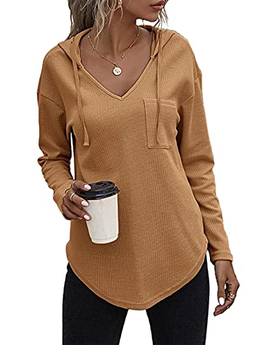 Morhuduck Women s V Neck Hoodies Long Sleeve Sweatshirt Drawstring Pullover Tops with Pocket (Camel M)