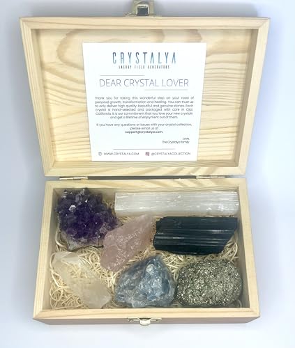 CRYSTALYA Premium Raw Crystals and Healing Stones in Wooden Gift Box Set + 50pg EBOOK + Info Guide – 7pcs Large 2-2.5” Natural Raw Crystals, Collection, Yoga, Reiki, Made in U.S.A - Image 4