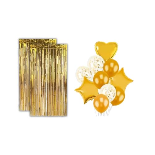 Kit 2 Cortinas Glitter Metalizadas e 10 Balões Coração Estrela Metalizado Festa Decoração- Dourado