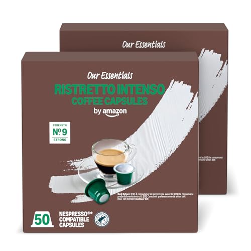 by Amazon Cápsulas de Café Ristretto Intenso de Plástico Compatibles con Nespresso, Tostado Oscuro, 100 Unidades (2 Paquetes de 50), Certificadas por Rainforest Alliance
