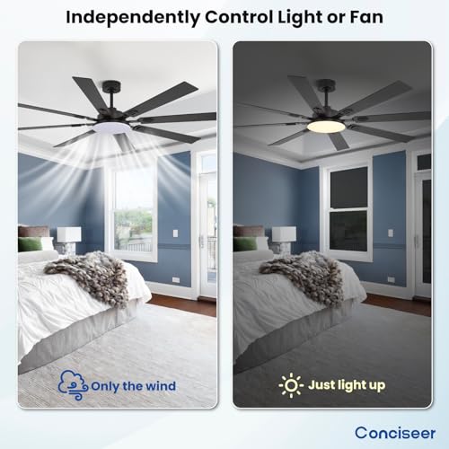 Image of 72 Inch Ceiling Fans with Lights and Remote, Dual Color 8 Blades, Bedroom Living Room Office Library Cafe Outdoor Industrial, 3CCT Dimmable, 6 Speed Reversible Quiet DC Motor, Black /Wood Grain