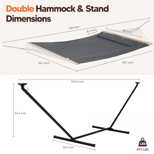 Image of SUNCREAT Double Hammock with 12 ft Stand, Solar Powered Lights Included, Outdoor Hammock for Outside, Dark Gray