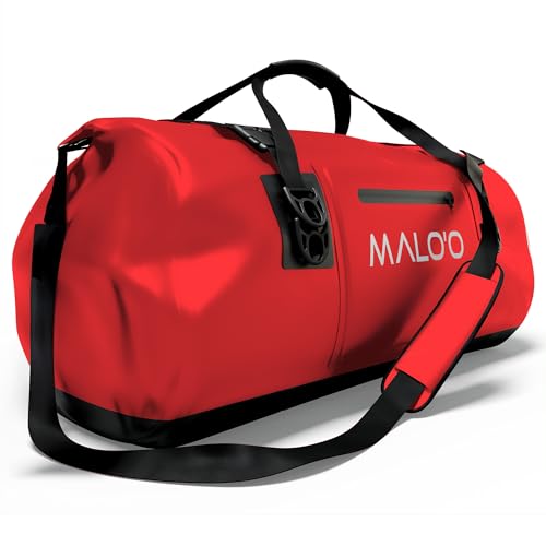 Malo’o Waterproof Dry Duffel, Heavy-Duty Roll Top Waterproof Gear Bag with Shoulder Strap & Molle Loops, Marine Duffel for Kayaking, Boating, Camping, Beach & Travel, Red, 100L