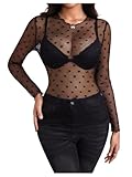 Verdusa Women's Long Sleeve Lettuce Trim Fitted Sheer Mesh Tee Top Black S