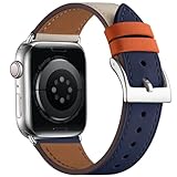 コンパチブル アップルウォッチ バンド レザー コンパチブル Apple Watch バンド レディースメンズ 42mm(Series 11 10) 41mm/40mm/38mmに適用コンパチブル iWatch Series 11/10/9/8/7/6/5/4/3/2/1/se/se2/se3（ダークブルー・アイボリー/シルバーバックル）