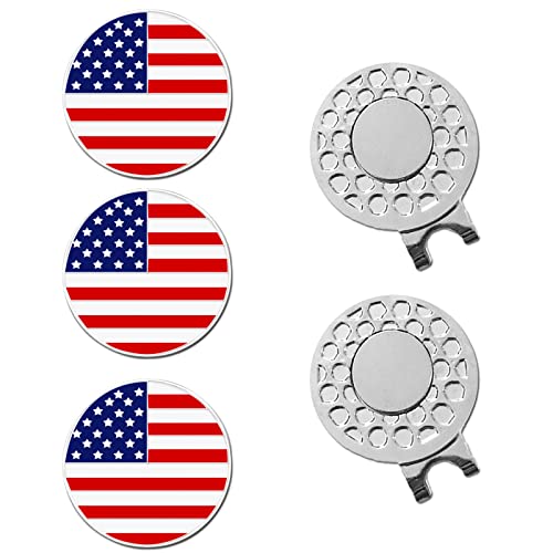 FINGER TEN Golf Ball Markers 3 Pcs with 2 Pack Hat Clip Value Gift Set, Mark Pattern USA, Eagle, Ribbon in Choice for Men Women Kid (3 Pack USA Flag)