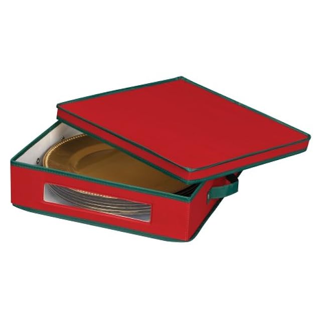 Household Essentials Holiday Charger Plate Storage Box, Holds 12 Charger Plates with Felt Protectors, Red Canvas with Green Trim