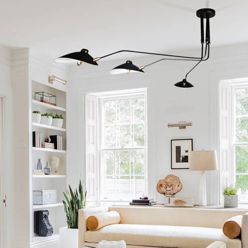 63 Mid-Century Modern Chandelier, Matt Black Adjustable 3-Arms Large Pendant Lighting Fixture for Bedroom Dining Room Living Room Kitchen Island 3-Light