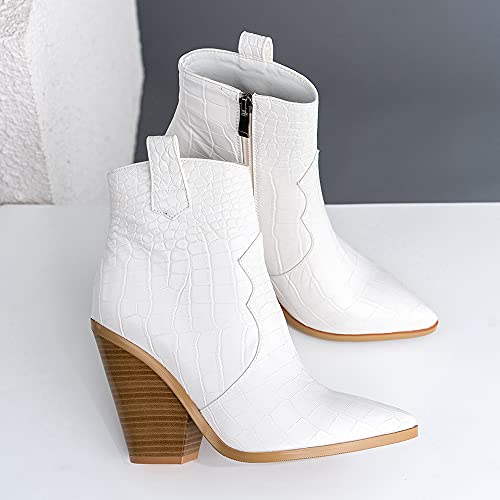 Lehoor Women Western Booties Chunky Heel Animal Print Side Zipper Cowboy Ankle Boots White Crocodile Pattern High Stacked Heel White Pointed Toe Short Boots Mid Calf Matte Classic Sexy Party Work 7.5 M Us #TOP3