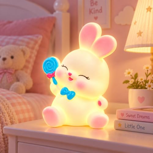 Image of Cute Lollipop Bunny Night Light Lamp Battery Operated Table and Desk Decorations Gift Pandas (Lollipop Bunny)