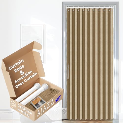 Image of AJAZZ Blackout Door Curtain with Curtain Rods Adjustable 28-52 inch Long Accordion Door Closet Curtain Invisible Applicable Bedroom Room Living Room Doorway (1 Pack, 53 W x 78 L, Brown)