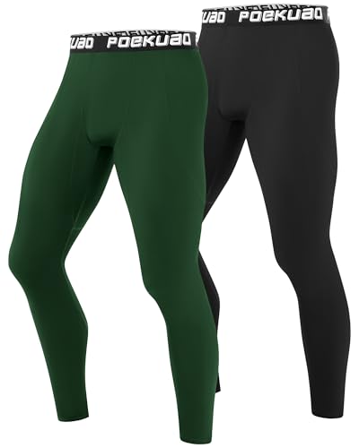 Poekuao Compression Pants Men Athletic Workout Leggings Running Tights Cool Dry Base Layer for Yoga Basketball Black Green