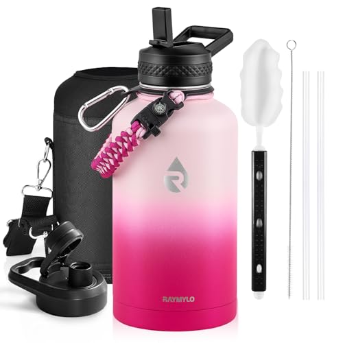RAYMYLO Insulated Water Bottle 1893ml, Triple Wall Vacuum Stainless Steel (Cold for 48 Hrs), Leak Proof & Non-BPA, Half Gallon Water Flask Jug with Paracord Handle & Straw Spout Lids, Ombre Pink