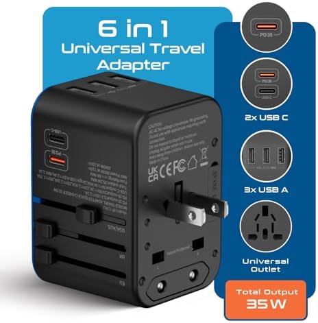 Ceptics universal travel adapter showing ports and outlets