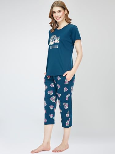 Image of ZEYO Night Suit for Women's Heart Printed Cotton Night Dress of Top and Capri Set 5747