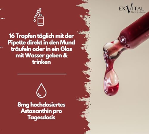 Bio Astaxanthin Tropfen, 8mg Astaxanthin pro Tagesdosis, Hochdosiert & Vegan - 100% natürliches Astaxanthin - Hohe Bioverfügbarkeit - Laborgeprüft, 30 ml